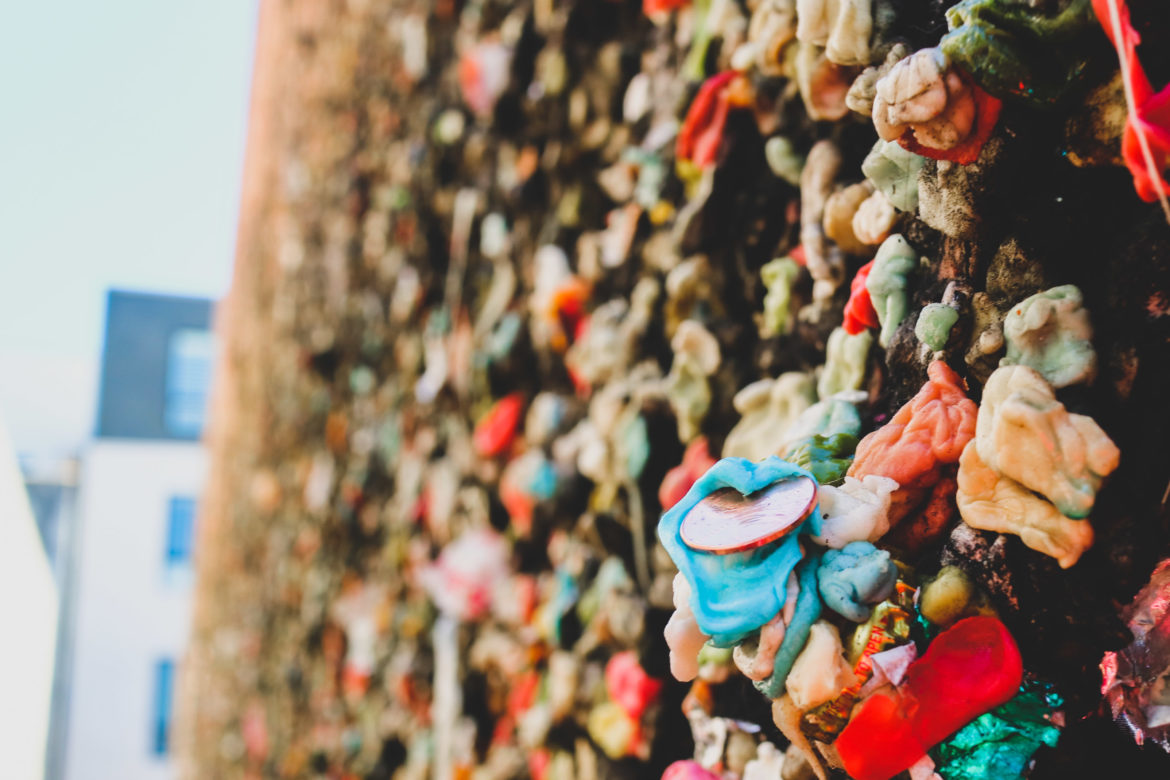 A single penny left behind on the San Luis Obispo Gum Wall